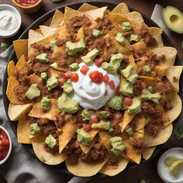 An irresistible platter of the world's most delicious nachos, heaped high with juicy, perfectly seasoned meat, melted cheese, fresh guacamole, zesty salsa, and sour cream.