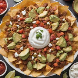 An irresistible platter of the world's most delicious nachos, heaped high with juicy, perfectly seasoned meat, melted cheese, fresh guacamole, zesty salsa, and sour cream.