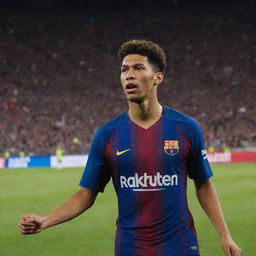 Jude Bellingham playing football in an FC Barcelona jersey against a backdrop of a packed stadium