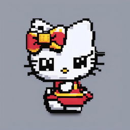 This is a pixel art image of the beloved character, Hello Kitty, complete with her iconic bow and yellow nose