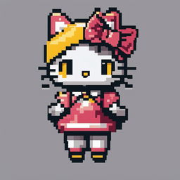 This is a pixel art image of the beloved character, Hello Kitty, complete with her iconic bow and yellow nose