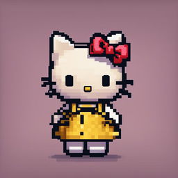 This is a pixel art image of the beloved character, Hello Kitty, complete with her iconic bow and yellow nose