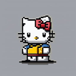 This is a pixel art image of the beloved character, Hello Kitty, complete with her iconic bow and yellow nose