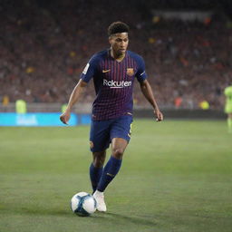 Jude Bellingham playing football in an FC Barcelona jersey against a backdrop of a packed stadium