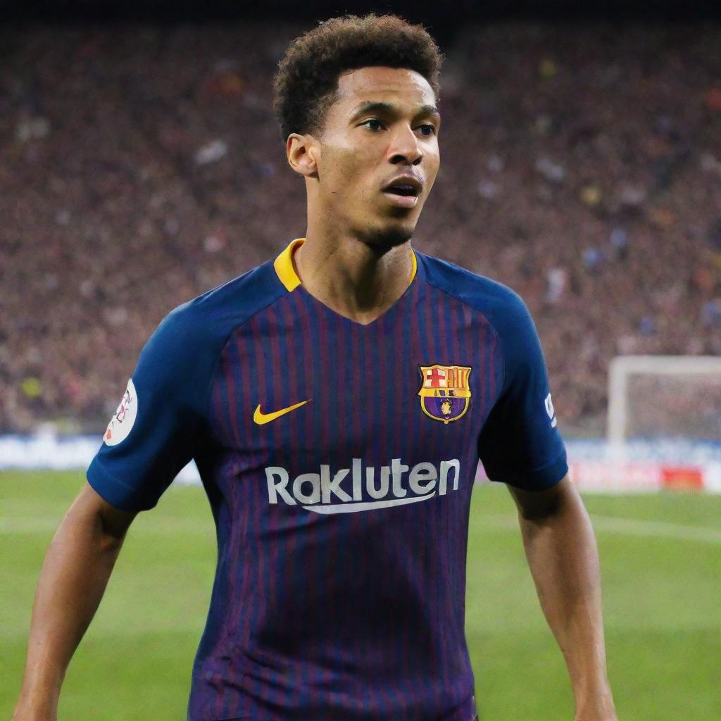 Jude Bellingham playing football in an FC Barcelona jersey against a backdrop of a packed stadium