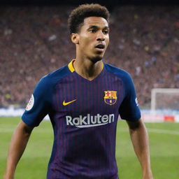 Jude Bellingham playing football in an FC Barcelona jersey against a backdrop of a packed stadium