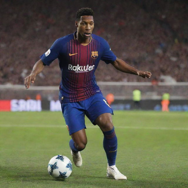 Jude Bellingham playing football in an FC Barcelona jersey against a backdrop of a packed stadium