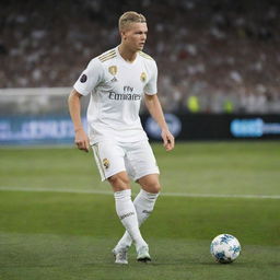 Erling Haaland in a Real Madrid football kit, playing on the pitch at the Santiago Bernabéu Stadium