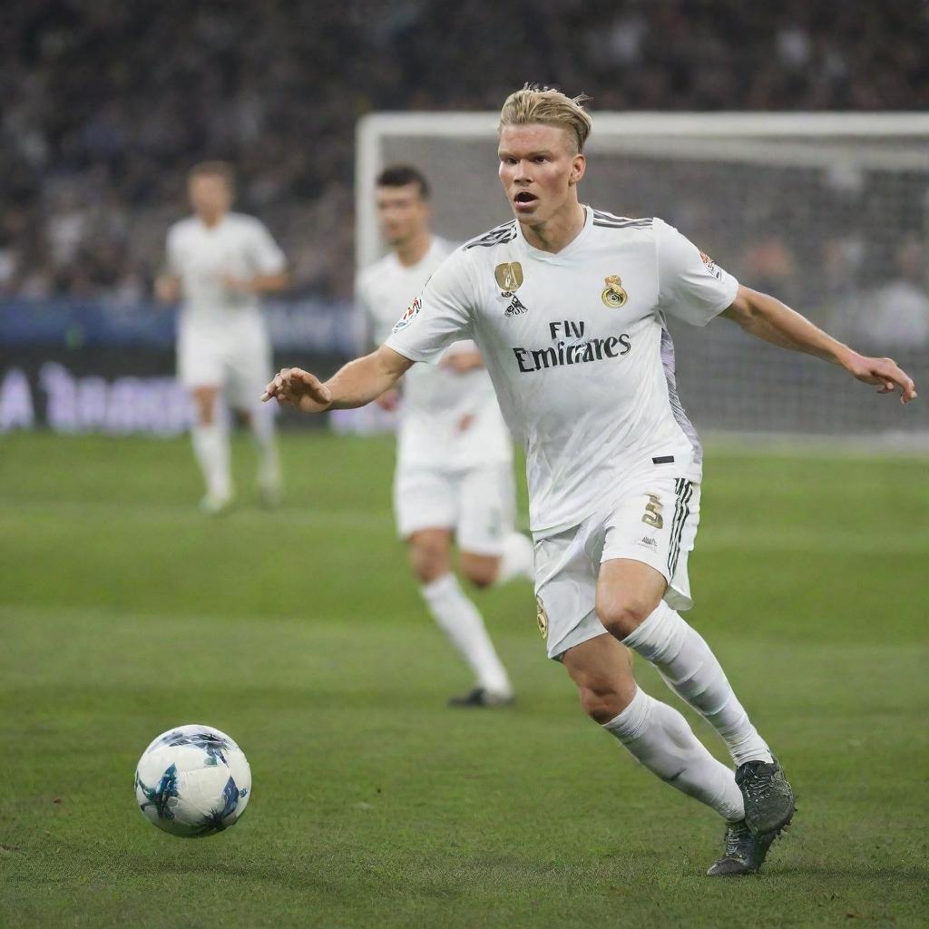 Erling Haaland in a Real Madrid football kit, playing on the pitch at the Santiago Bernabéu Stadium