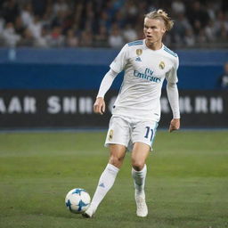 Erling Haaland in a Real Madrid football kit, playing on the pitch at the Santiago Bernabéu Stadium