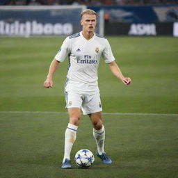 Erling Haaland in a Real Madrid football kit, playing on the pitch at the Santiago Bernabéu Stadium