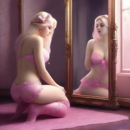 A digital art image of a woman with blonde hair, kneeling before her mirror