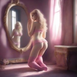 A digital art image of a woman with blonde hair, kneeling before her mirror