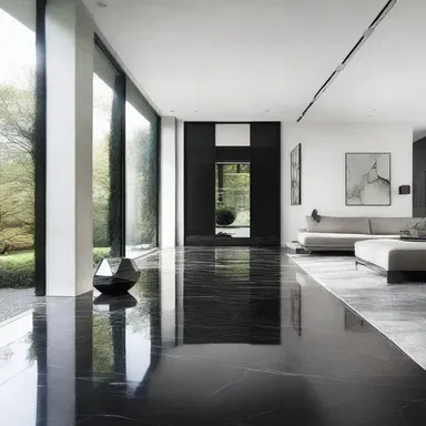 The sleek modern house had a slicked black marble floor that added a stylish touch.