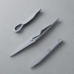 Create a visualization of a foldable scissor tool. Focus on the innovative element of it folding forward rather than the side. Show its detailed front and side views.