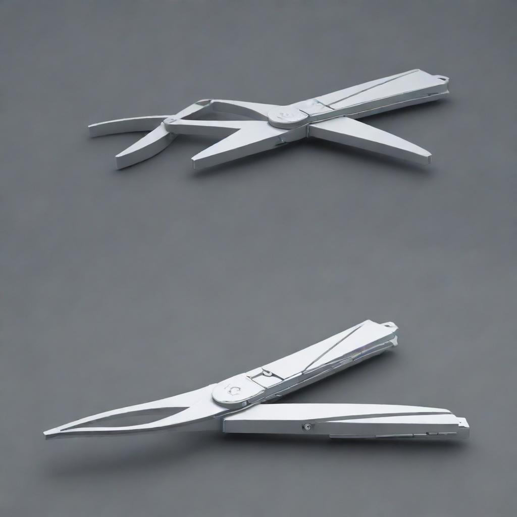 Create a visualization of a foldable scissor tool. Focus on the innovative element of it folding forward rather than the side. Show its detailed front and side views.