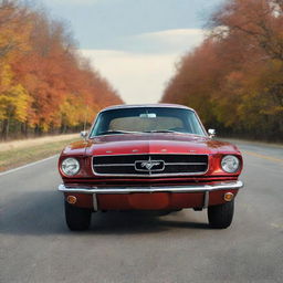 Generate an image of a classic 1965 Ford Mustang. It should be in a glossy red color, located on an open road lined with autumn trees. The sky should be clear with a sunset-starting at the horizon.