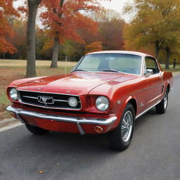 Generate an image of a classic 1965 Ford Mustang. It should be in a glossy red color, located on an open road lined with autumn trees. The sky should be clear with a sunset-starting at the horizon.