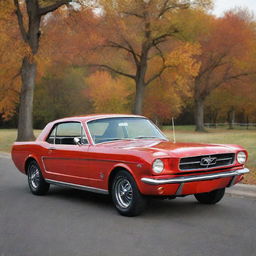 Generate an image of a classic 1965 Ford Mustang. It should be in a glossy red color, located on an open road lined with autumn trees. The sky should be clear with a sunset-starting at the horizon.