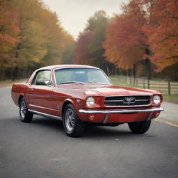 Generate an image of a classic 1965 Ford Mustang. It should be in a glossy red color, located on an open road lined with autumn trees. The sky should be clear with a sunset-starting at the horizon.