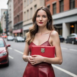 A fashionable woman holding a luxurious red leather cow wallet in her hand on a bustling city street.