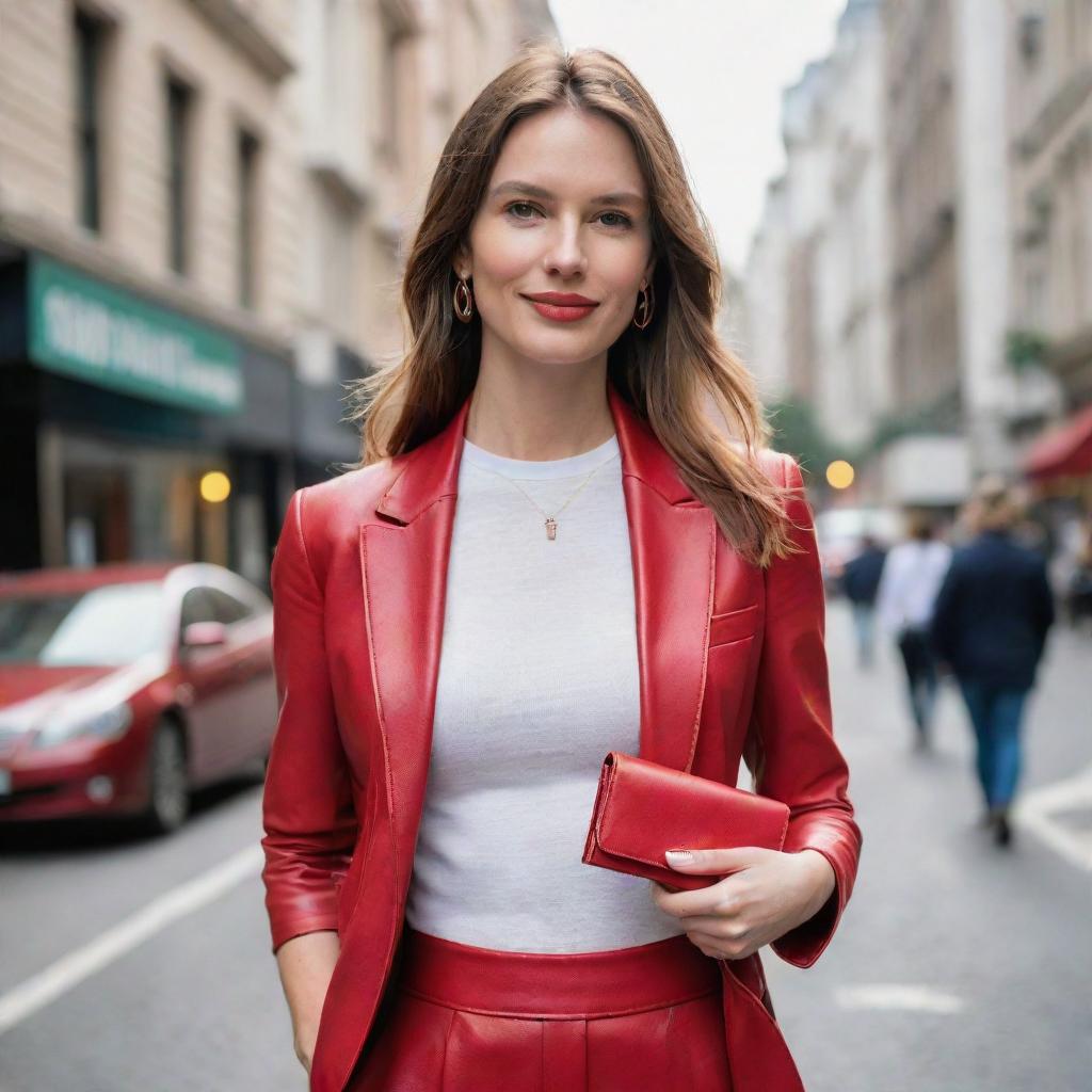 A fashionable woman holding a luxurious red leather cow wallet in her hand on a bustling city street.