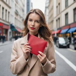 A fashionable woman holding a luxurious red leather cow wallet in her hand on a bustling city street.