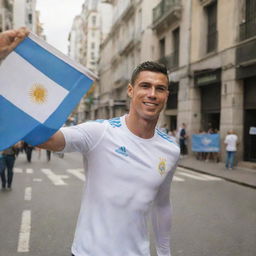 Cristiano Ronaldo standing in the vibrant city streets of Buenos Aires, Argentina, with the Argentinian flag waving in the background