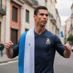 Cristiano Ronaldo standing in the vibrant city streets of Buenos Aires, Argentina, with the Argentinian flag waving in the background