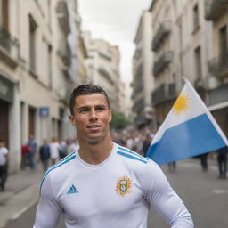 Cristiano Ronaldo standing in the vibrant city streets of Buenos Aires, Argentina, with the Argentinian flag waving in the background