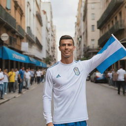 Cristiano Ronaldo standing in the vibrant city streets of Buenos Aires, Argentina, with the Argentinian flag waving in the background