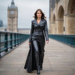 A fashionable woman draped in luxurious leather attire walking on the historic London Bridge.