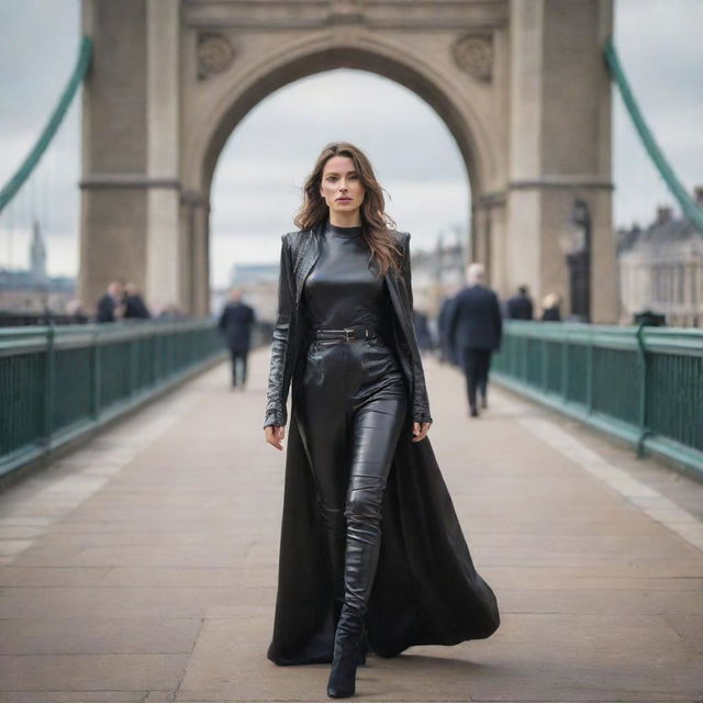 A fashionable woman draped in luxurious leather attire walking on the historic London Bridge.