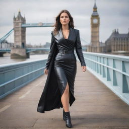 A fashionable woman draped in luxurious leather attire walking on the historic London Bridge.