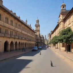 A lively street named 'Penguin Street' with the historical Islamia College in the background, bathed in warm sunlight.