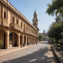 A lively street named 'Penguin Street' with the historical Islamia College in the background, bathed in warm sunlight.