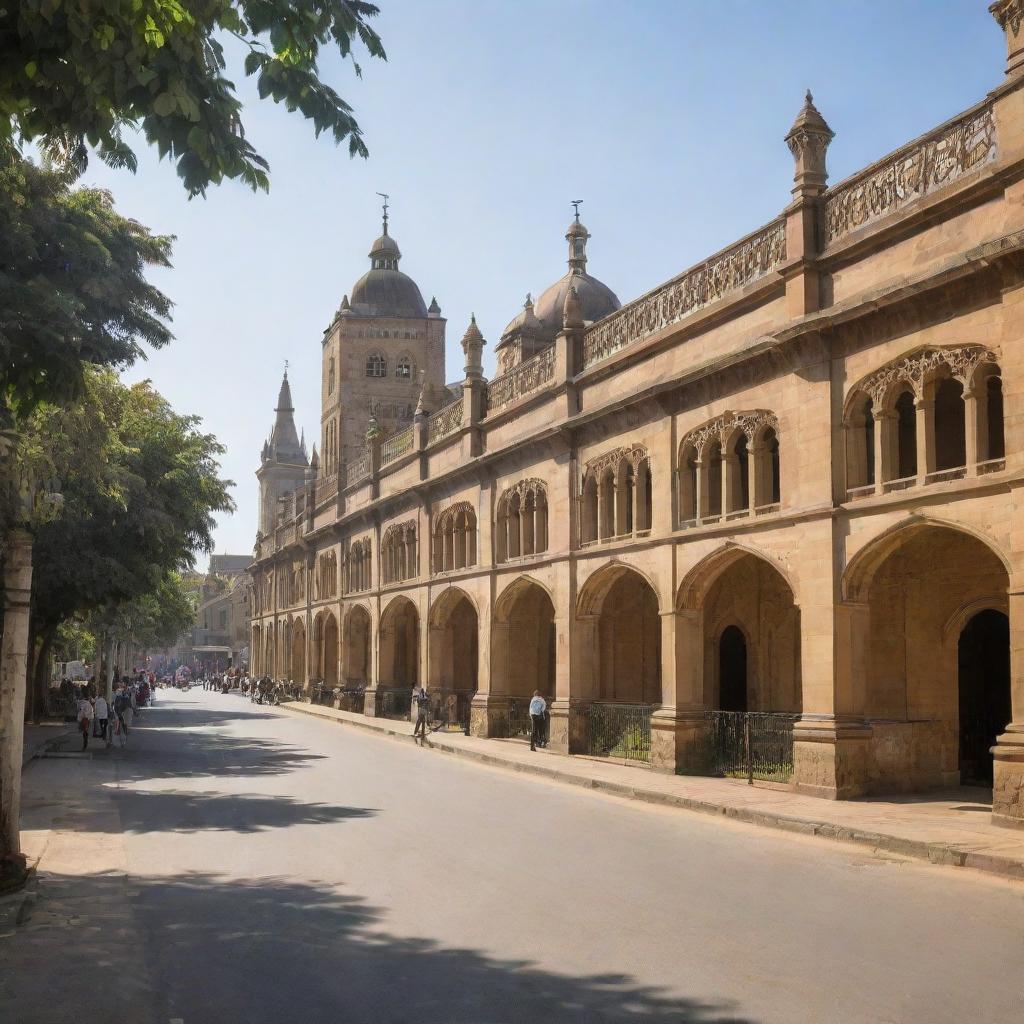 A lively street named 'Penguin Street' with the historical Islamia College in the background, bathed in warm sunlight.