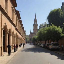 A lively street named 'Penguin Street' with the historical Islamia College in the background, bathed in warm sunlight.