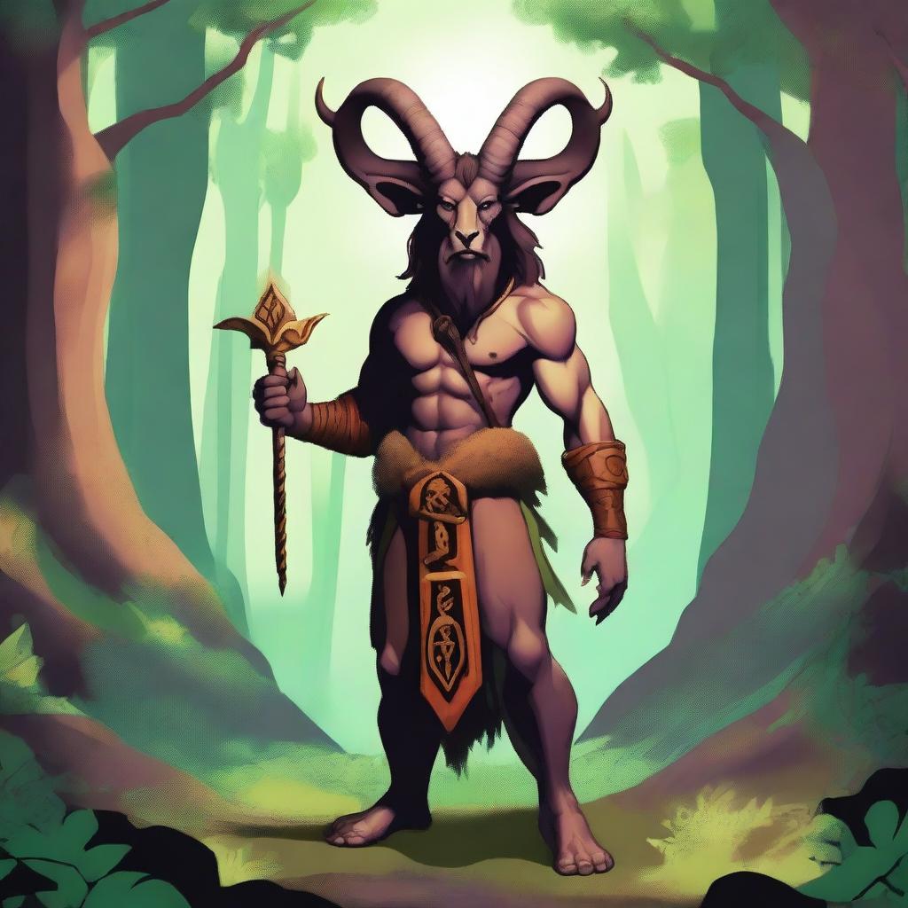 A digital art illustration of a Satyr Cleric, a character from the realm of Dungeons and Dragons