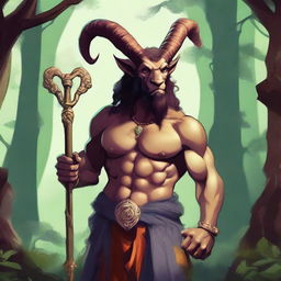 A digital art illustration of a Satyr Cleric, a character from the realm of Dungeons and Dragons