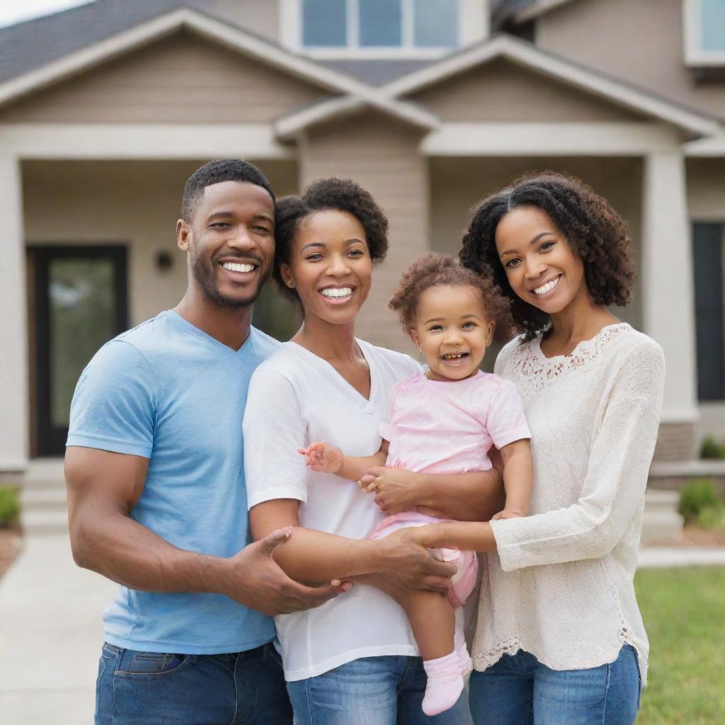 A gleeful family composed of a husband, a wife, and a baby girl joyfully purchasing a new house