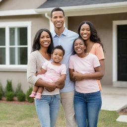 A gleeful family composed of a husband, a wife, and a baby girl joyfully purchasing a new house