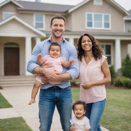 A gleeful family composed of a husband, a wife, and a baby girl joyfully purchasing a new house