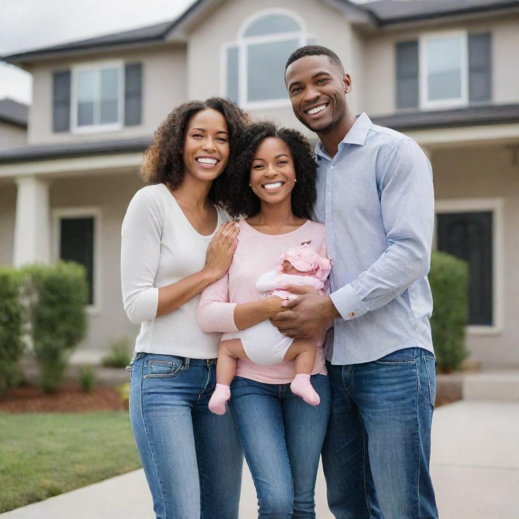 A gleeful family composed of a husband, a wife, and a baby girl joyfully purchasing a new house