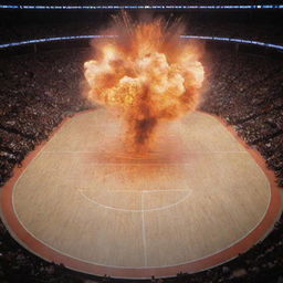 A massive explosion with a design pattern of a basketball court infused within it.