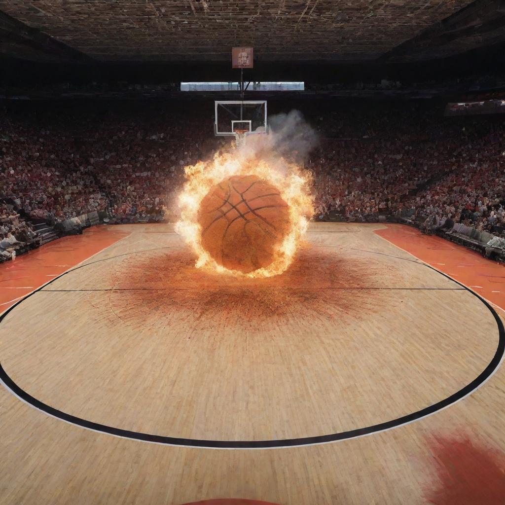 A massive explosion with a design pattern of a basketball court infused within it.