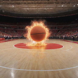 A massive explosion with a design pattern of a basketball court infused within it.