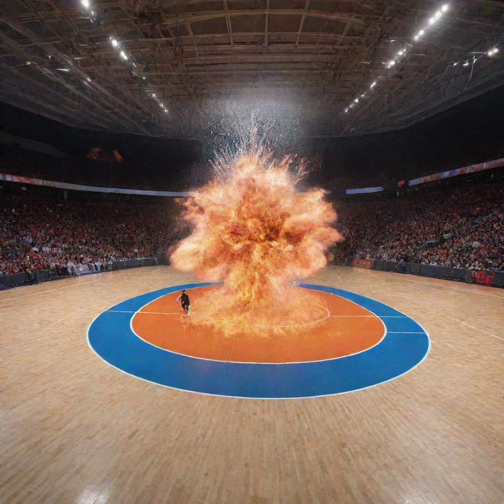 A massive explosion with a design pattern of a basketball court infused within it.