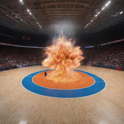 A massive explosion with a design pattern of a basketball court infused within it.