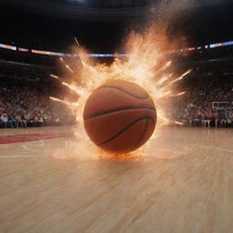 A large, spectacular explosion detailed with the intricate lines and markings of a basketball court.